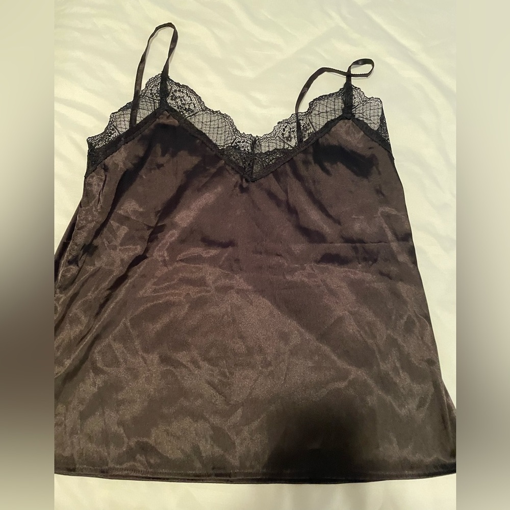 Black satin tank with lace.